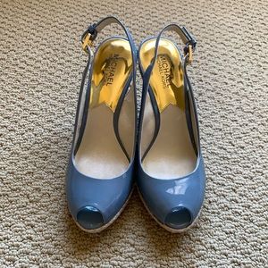 Michael Kors Blue Patent Keegan Sling Wedges